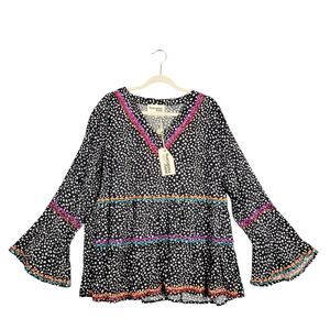 NWT SAVANNA JANE Black Polka Dot Embroidered Tiered Bell Sleeve Boho Top SIZE 1X